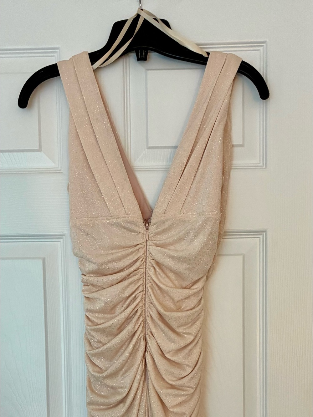 le chateau Ruched Sparkle High-Low Gown in Light Champagne